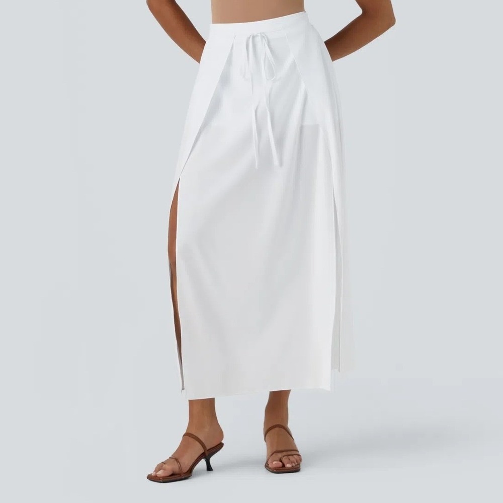 HALARA White Maxi Skirt with High Side Slit and Drawstring